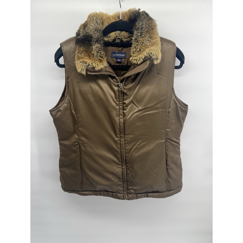 Lands' End Womens Goose Down Puffer Vest Faux Fur Trim Brown Size Medium 10/12